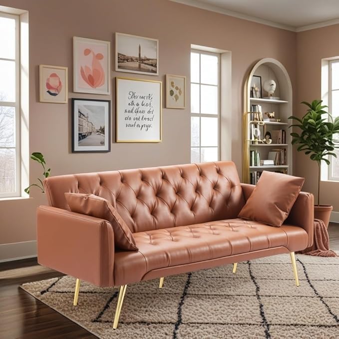 Futon Sofa Bed, Convertible Futon Couch with Adjustable Backrest, 68.31” Folding Sofa Bed with 2 Pillows & Metal Legs, Sleeper Loveseat with Armrest for Home Office, Brown