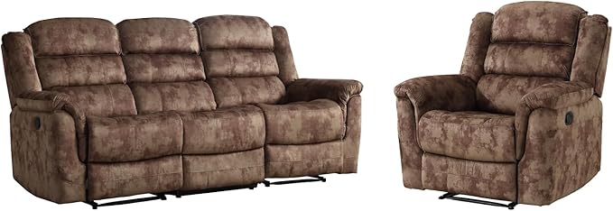 EBELLO 2 Pieces Reclining Couch Furniture Set, Soft Fabric Manual Recliner Sofa Home Theater Seating, Included Recliner Chair and 3 Seat Sofa, Brown