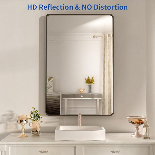 WEER 24x36 Inch Bronze Bathroom Mirror for Vanity, Brushed Bronze Metal Frame Rounded Rectangle Mirror with Tempered Glass, Anti-Rust (Horizontal/Vertical)