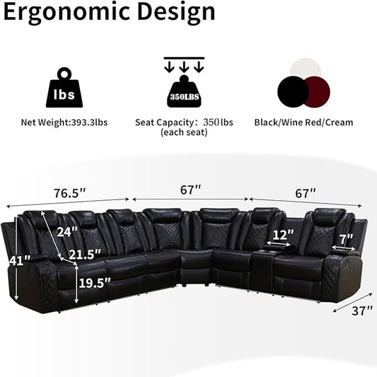 Power Recliner Sofa Sectional Couches with LED Light,Leather Reclining Corner Sectional Sofa Set with 3 Recliner Seats,Cup Holder,Storage Console for Living Room, Black