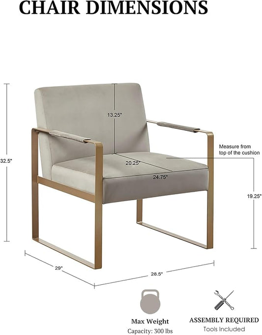 Martha Stewart Upholsterd Accent Chair Living Room Furniture-Modern Design Comfortable Foam Seat Cushion Bedroom Lounge, Sophisticated Finished, Sturdy Frame, 28.5" W x 29" D x 32.5" H, Taupe/Gold