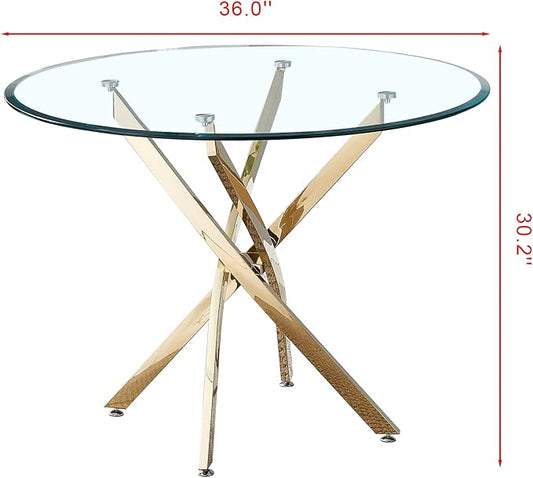 36" Coffe Table with Transparent Tempered Top,Round Glass Dining Desk for 4 W/Stainless Steel Feet,for Kitchen Living Room Gathering,in Gold/Clear Finish