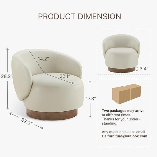 Swivel Accent Chair Modern Round Barrel Armchair with Upholstered Faux Leather for Living Room Bedroom Waitingroom,2 Box,Cream