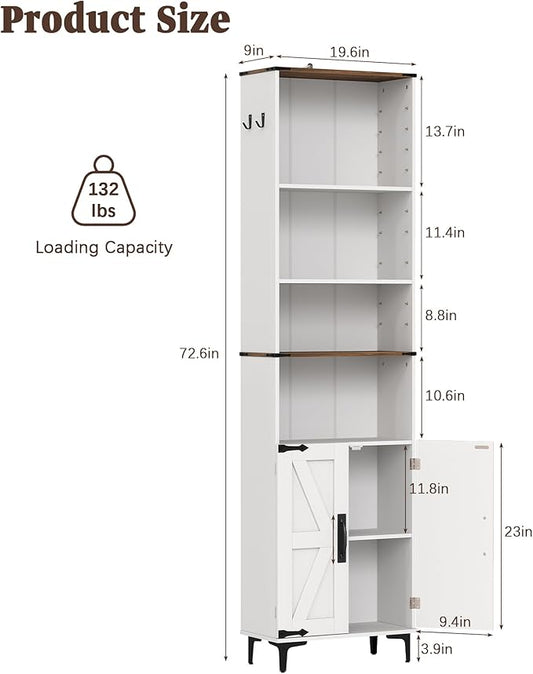 6 Tier Bookshelf with Doors and Adjustable Shelf, 72in Tall Bookcase with Storage Cabinet, White Farmhouse Bookshelves Wood for Living Room, Bedroom, Home Office