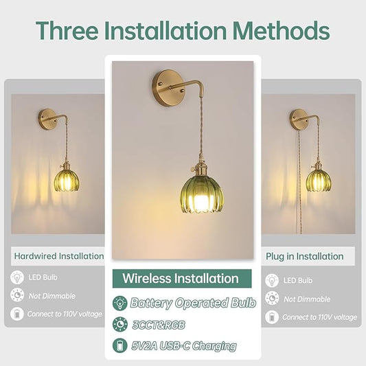 Battery Operated Wall Sconce with Green Tulip Shade Pattern Glass Adjustable Chain Retro Gold Wall Mounted Light, Modern Wall Decor for Bedside Bedroom Indoor Doorway, Set of 2