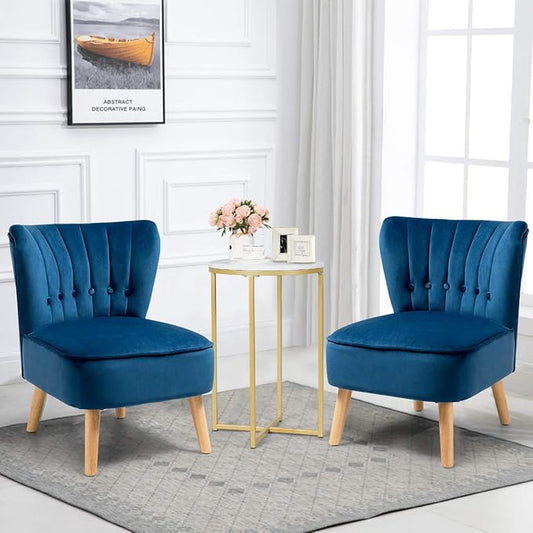 Giantex Set of 2 Modern Velvet Accent Chair, Small Upholstered Leisure Sofa Chair w/Wood Legs, Thickly Padded and Button Tufted, Armless Wingback Club Chairs for Living Room Bedroom Furniture, Blue