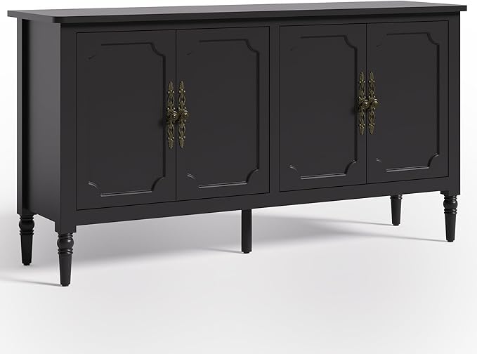 Console Table, 58'' Mid Century Modern Pantry Cabinet, Wood Buffet Sideboard, Media Credenza with 4 Doors, Accent Storage for Entryway, Living Room, Bedroom, Dining Room (Black1)