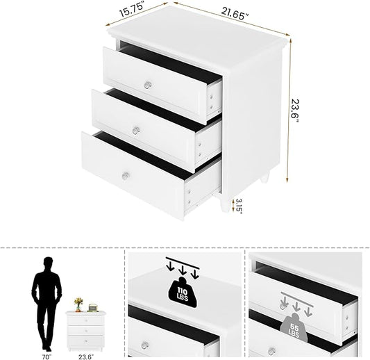 AWQM White Nightstand, 3 Drawer Night Stand, 22 Inch Wider Side Table with Storage, Rattan Boho Bedside Table, End Table for Bedroom, White