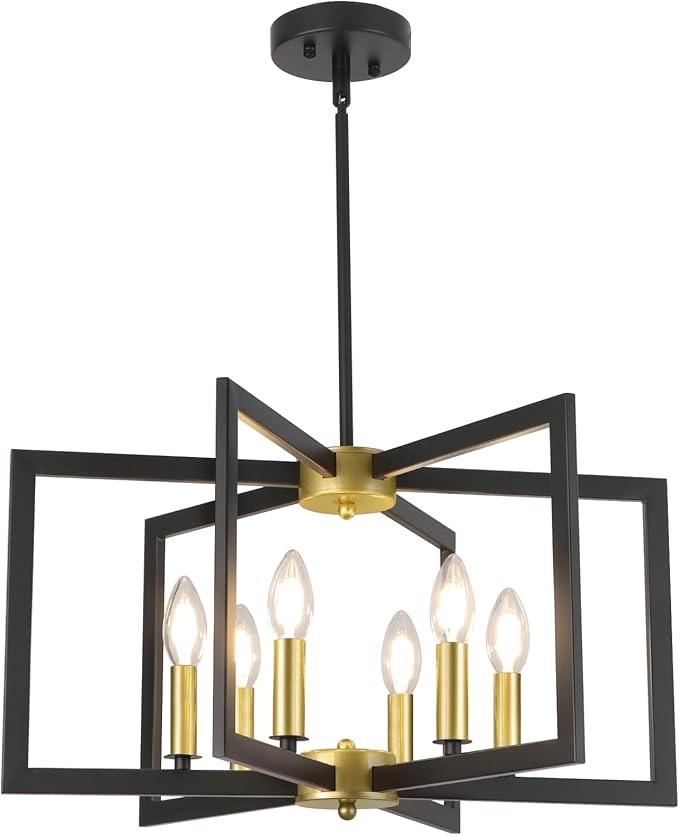 Black and Gold Chandelier Light Fixture, 6 Lights Geometric Modern Chandeliers for Dining Room Kitchen Farmhouse Entryway Living Room