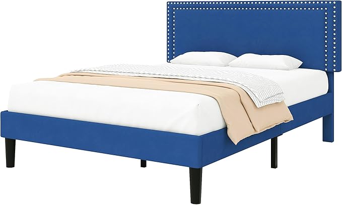 VECELO Queen Size Bed Frame with Adjustable Upholstered Headboard, Wooden Slats Platform, Noise-Free Design, Easy Assembly