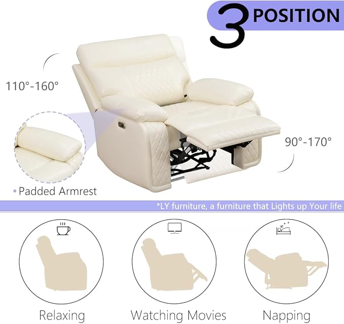 Power Reclining Sofa Set, 3PCS Living Room Set with Recliners, Recliner Loveseat & 2 Chairs with Cup Holders/Charging, Breathing Leather Reclining Couch for Home Theater/Office, Cream White