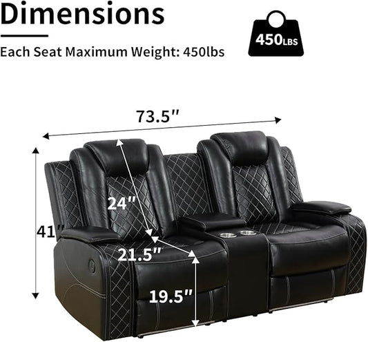 Power Leather Recliner Sofa with LED Light,74" Power Double Reclining Loveseat with Storage Console/Cup Holders/USB Port,2 Seater Leather Couch for Living Room Furniture(Black,Loveseat)