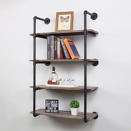 MBQQ Industrial Pipe Shelving Wall Mounted,30in Rustic Metal Floating Shelves,Steampunk Real Wood Book Shelves,Wall Shelf Unit Bookshelf Hanging Wall Shelves,Farmhouse Kitchen Bar Shelving(4 Tier)