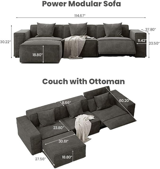 115" Power Sofa,Modular Sectional Couches for Living Room,Modern Large Sofa with Recliners,Comfy Velvet Cloud Couch with Deep Seat with 1 Ottoman,Pet Friendly,Free Combination for Home(Dark Gray)