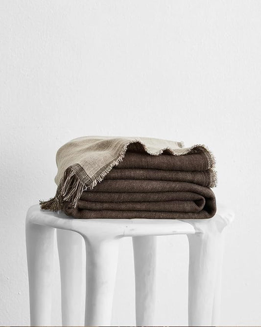 Bed Threads - Linen Muslin Throw - 100% French Flax Linen - Double-Layered & Frayed Edge - Eco-Friendly - Soft & Delicate Blanket - Two-Tone Design - Machine Washable - 87” x 59” - Oatmeal/Mocha