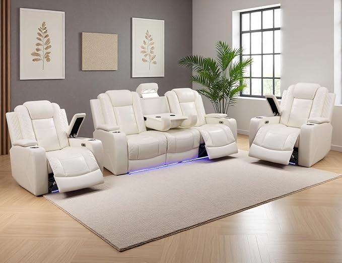 Power Recliner Sofa Set, Leather Reclining Couch & Chair Set, Living Room Furniture Sets, 3 Piece Living Room Furniture with Cup Holders/Storage/Charging for Home Theater/Office, Cream White