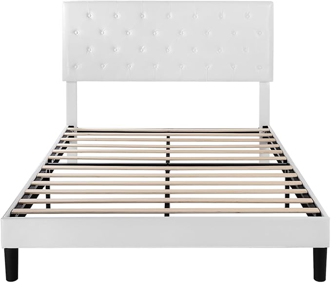 Allewie Queen Size Platform Bed Frame, Adjustable Faux Leather Headboard with Diamond Stitch and Button Tufted, Sturdy Wood Slats, Easy-Assembly, No Box Spring Needed, Off-White