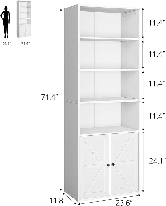 CABIHOME Farmhouse Bookcase with Doors 71.4in Tall Bookshelf 11.8in Depth Display Storage Shelves Industrial Bookcases Wooden 6 Shelf Bookshelves for Bedroom, Living Room, Home Office