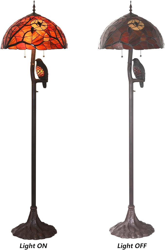 Bieye L10936 Ravens Sitting on Bare Tree Branch Against Full Moon Tiffany Style Stained Glass Floor Lamp with Raven Night Light Double Lit for Halloween Décor, 4-Light, 65 inches Tall (Black Red)