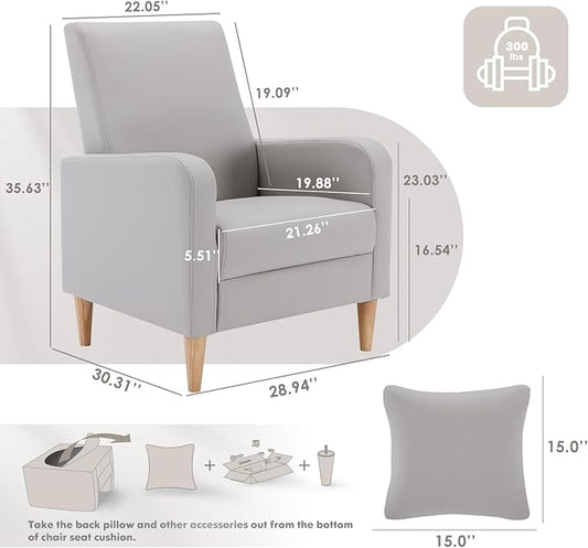 COLAMY Faux Leather Accent Living Room Chairs Set of 1, Upholstered Arm Chair Reading Side Chair, Single Sofa with Back Pillow and Wood Legs, Light Grey