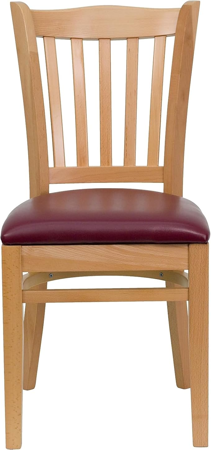Flash Furniture 2 Pk. HERCULES Series Vertical Slat Back Natural Wood Restaurant Chair - Burgundy Vinyl Seat