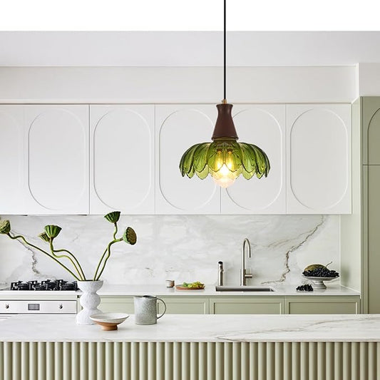 YLONG-ZS Glass Pendant Light,Pendant Lights Kitchen Island,Modern Green Glass Flower Pendant Light, Walnut Wood Vintage Kitchen Hanging Lights for Kitchen Island Dining Room Living Room Bedroom Hotel