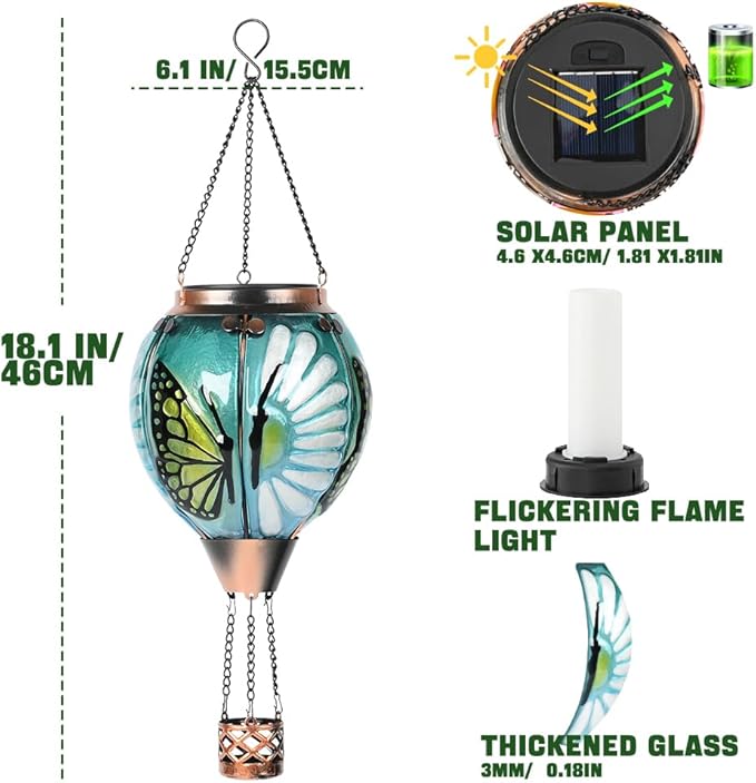 Hot Air Balloon Solar Lantern - Butterfly Stained Glass Lantern, Simulated Flickering Dancing Flame, Outdoor Hanging Yard Light Waterproof IP65 for Patio Lawn Porch Decor Gift