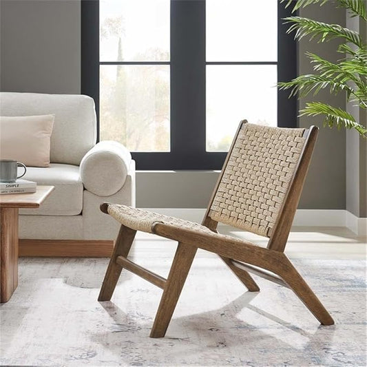 Modway Saoirse Woven Rope Wood Accent Lounge Chair in Walnut Natural