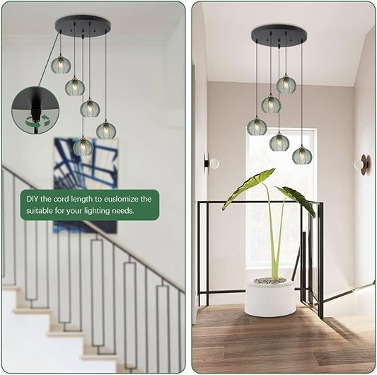 5-Light Long Staircase Chandelier Vintage Green Glass Chandeliers for High Ceilings Black Adjustable Pendant Light Fixture for Foyer Living Room Entryway, Mid Century Fixtures