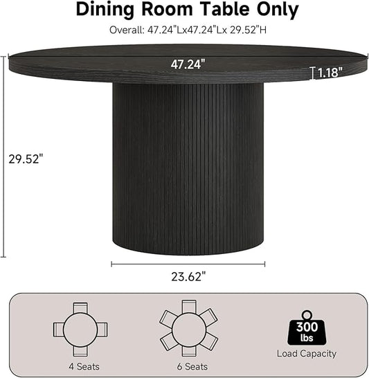Round Kitchen Dining Table for 4-6 People, 47 inch Mid-Century Circle Dinner Tables, Rustic Wood Base in Fluted Design, Space Saving Dining Room Furniture, Large Table Only for Family Party, Black