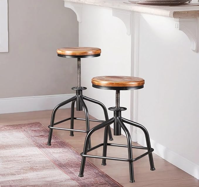 Topower Farmhouse Kitchen Stool, Industrial Counter Stool, Kitchen Deco Round Seat Standard Height Adjustable Swivel Bar Stools Indoor House Design Wood Seat Black Set of 2
