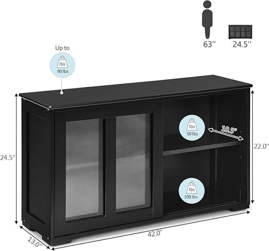 Byroce Sideboard Buffet Cabinet, Stackable Storage Coffee Bar Cabinet with Adjustable Shelf & Glass Sliding Doors, Wood Cupboard Credenza Console Table for Kitchen Dining Living Room (1, Black)