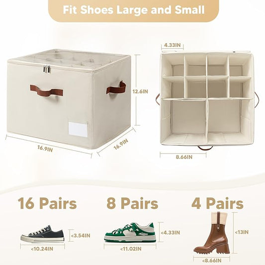 Shoe Organizer for Closet, Fits Up to 16 Pairs, Large Shoe Box Storage Container with Clear Cover, with Adjustable Dividers for Shoe Storage Bins,Space-Saving Shoe Bins (Beige)