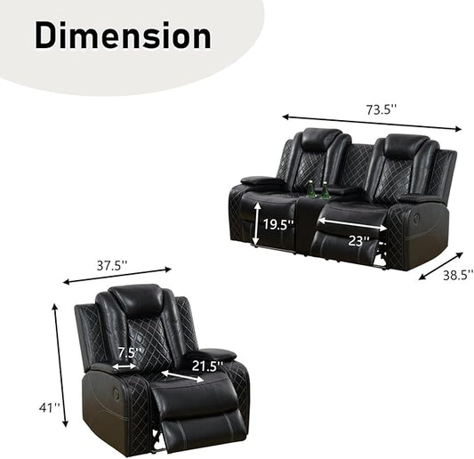 Power Recliner Loveseat and Chair, Air Leather Reclining Couch with LED/Cup Holders/Storage, 2 Pieces Reclining Living Room Furniture, Black Leather Loveseat and Chair for House/Apartment/Office