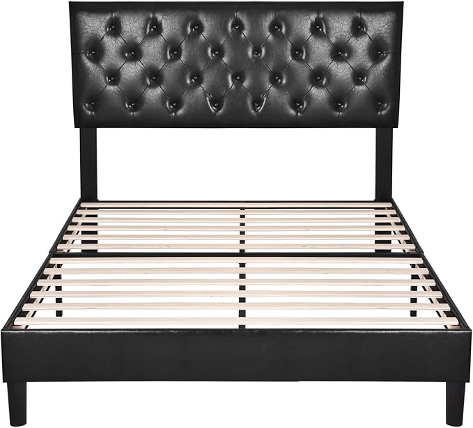 Allewie Queen Size Platform Bed Frame, Adjustable Faux Leather Headboard with Diamond Stitch and Button Tufted, Sturdy Wood Slats, Easy-Assembly, No Box Spring Needed, Deep Black