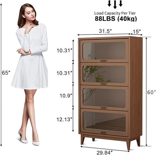 4-Layer Natural Wood Finish Solid Wood Bookcase 4-tire with Tempered Glass Flip-Up Doors,60Hx13.7Dx32W Bookshelves Finish Cube Storage Organizer