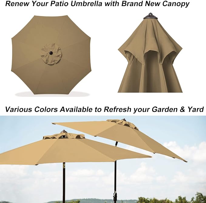 9ft Patio Umbrella Replacement Canopy Market Umbrella Top Outdoor Umbrella Canopy with 8 Ribs,Vented Canopy, Fade Resistant, UPF 50+ Excellent Sun Protection