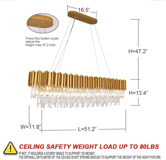 W51 Luxury Modern Crystal Linear Chandelier Lights Pendant Ceiling Light Oval Raindrop Contemporary Chandeliers Lighting Fixture for Kitchen Island Dining Living Room Bedroom Gold