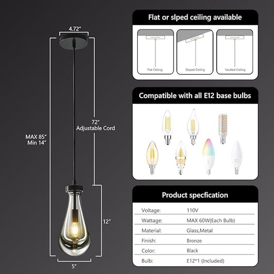 Raindrop Pendant Light Kitchen Island, Modern Black Teardrop Pendant Lights,Dimmable Rain Pendant Lighting Dining Room Light Fixture Bronze Raindrop Lighting for Living Room Hallway, Including Bulb