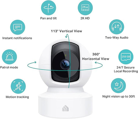 Kasa 2K+ Indoor Pan/Tilt Wired Security Camera - Works as a Baby Monitor & Pet Camera, Motion Detection & Tracking, 2-Way Audio, Night Vision, Subscription-Free Local Storage or Optional Cloud, KC410S