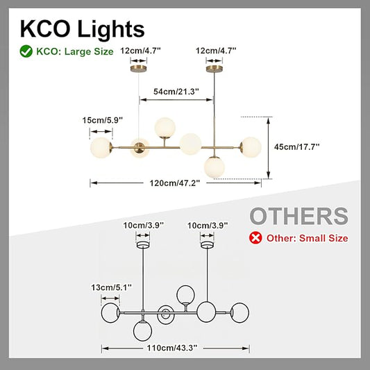 KCO Lighting Modern Globe Linear Chandelier 6 Light Milk Glass Chandeliers White and Gold Pendant Light Fixture Mid Century Rectangle Chandelier Brass Sputnik Island Lights for Kitchen