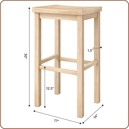 Grain & Grove Smith Collection Set of 4 Solid Wood Bar Stools, 30 inch Saddle-Seat Bar Chairs, Backless, Heavy-Duty Construction, Footrest Support, for Kitchen Islands, Home Bars, and Counters, Blonde