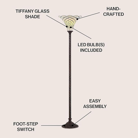 JONATHAN Y 70" Bronze Tiffany-Style Torchiere LED Floor Lamp, Traditional Handcrafted Cream Stained Glass Bowl Shade Standing Lamp for Living Room, LED Bulb Included JYL8007A