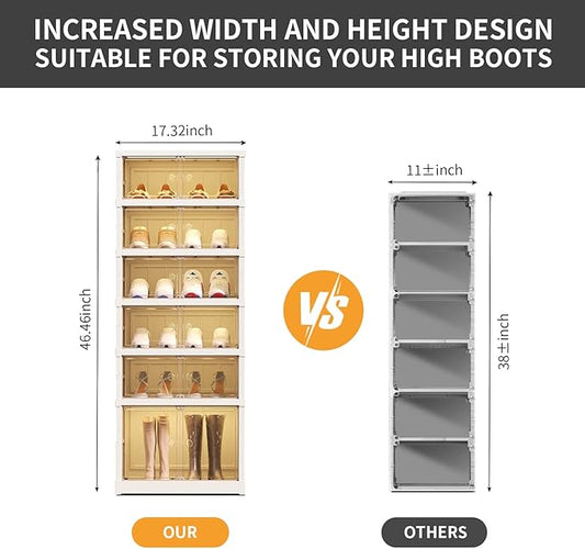6-Tier Foldable Shoe Rack Organizer for Closet 12Pairs Plastic Shoe Shelf Collapsible Shoes Storage Box Clear Shoe Boxes Stackable with Door Easy Assembly Shoe Cabinet with Lids Large