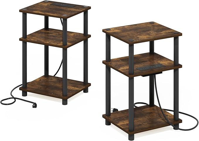 Furinno JUST Side Table Set of 2, 3-Tier Modern End Table with Charging Station, Open Shelf Night Stand, Bedside Table with USB and Type-C Charging Port, for Living Room, Bedroom, Amber Pine
