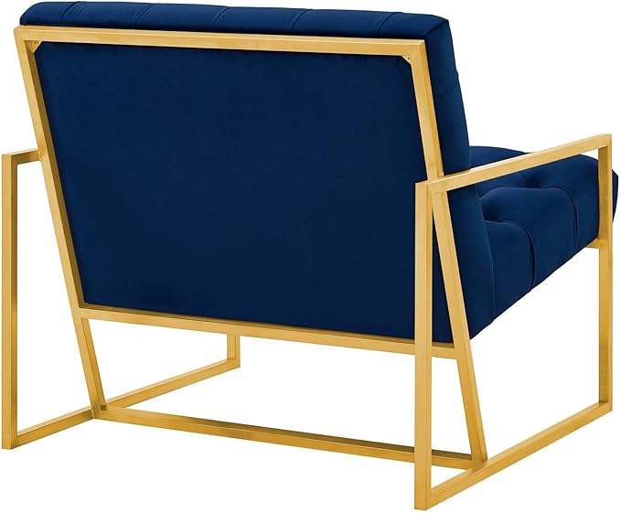 Modway Bequest Performance Velvet Upholstered Accent Lounge Arm Chair with Gold Stainless Steel Frame in Navy
