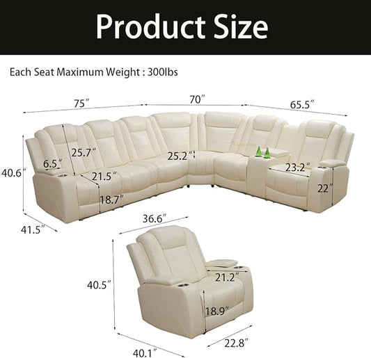 A Ainehome Power Leather Reclining Sectional Sofa Set, Living Room Furniture Set, Power Recliner Sectional Sofa Couch with USB Port/Storage Console for Living Room/Office(Off-White)