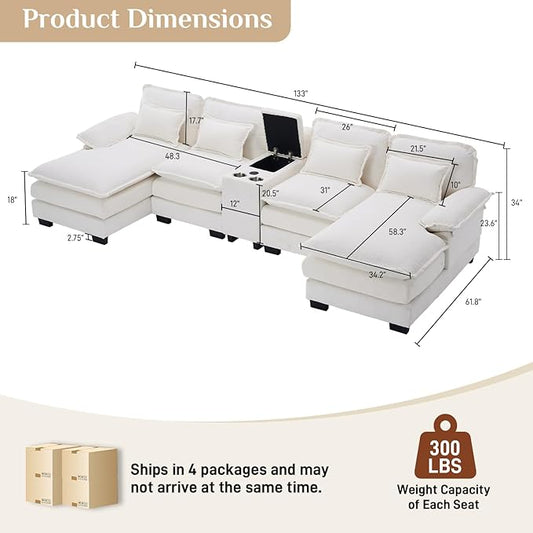 133" Oversized U Shaped Cloud Couch Modular Sectional Couches for Living Room Comfy Chenille Deep Seat Sofa Set with Double Chaise Lounge, Storage Central Console, Cup Holders, USB Port, Beige