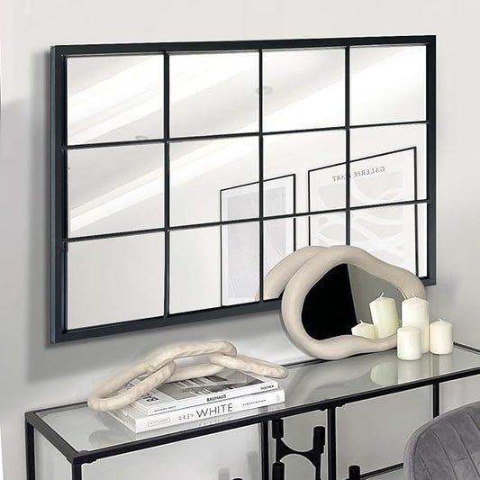 Balck Rectangle Mirror,Window Pane Grid Mirror,Minimalism Wall Mounted Mirror for Entryway,Hallway,Living Room,Fireplace 24"X36"
