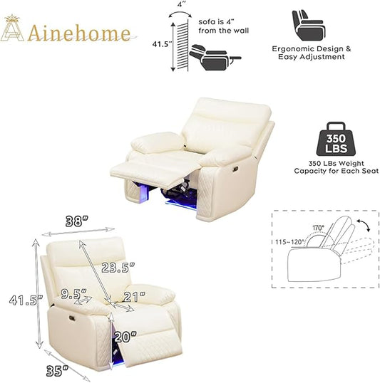 A Ainehome Power Theater Recliner Chair, Electric Leather Reclining Sofa Couch Chairs for RV, Single Recliner for Living Room, Reclining Chair with Arm Storage, Bedroom, Lounge, Office